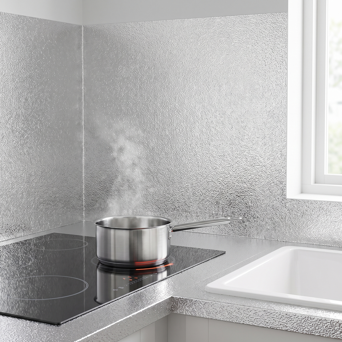 Adhésif aluminium Peau d'Orange derrière la plaque de cuisson et près de l'évier