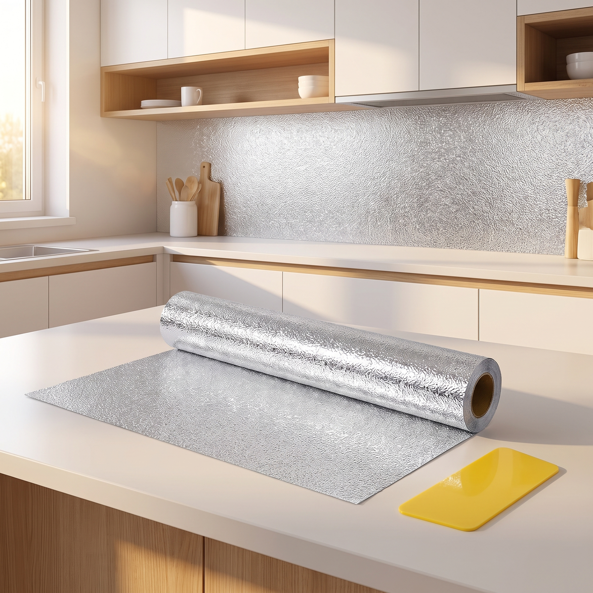 Rouleau d'adhésif aluminium Peau d'Orange et raclette dans une cuisine