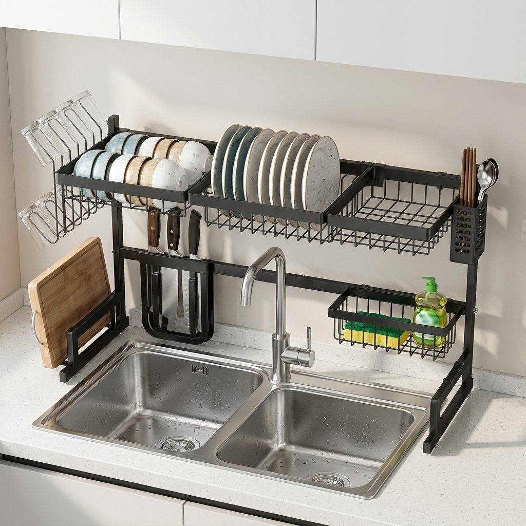 Égouttoir à vaisselle extensible noir mat installé au-dessus d'un évier double bac avec verres, bols, assiettes, couteaux et planche à découper
