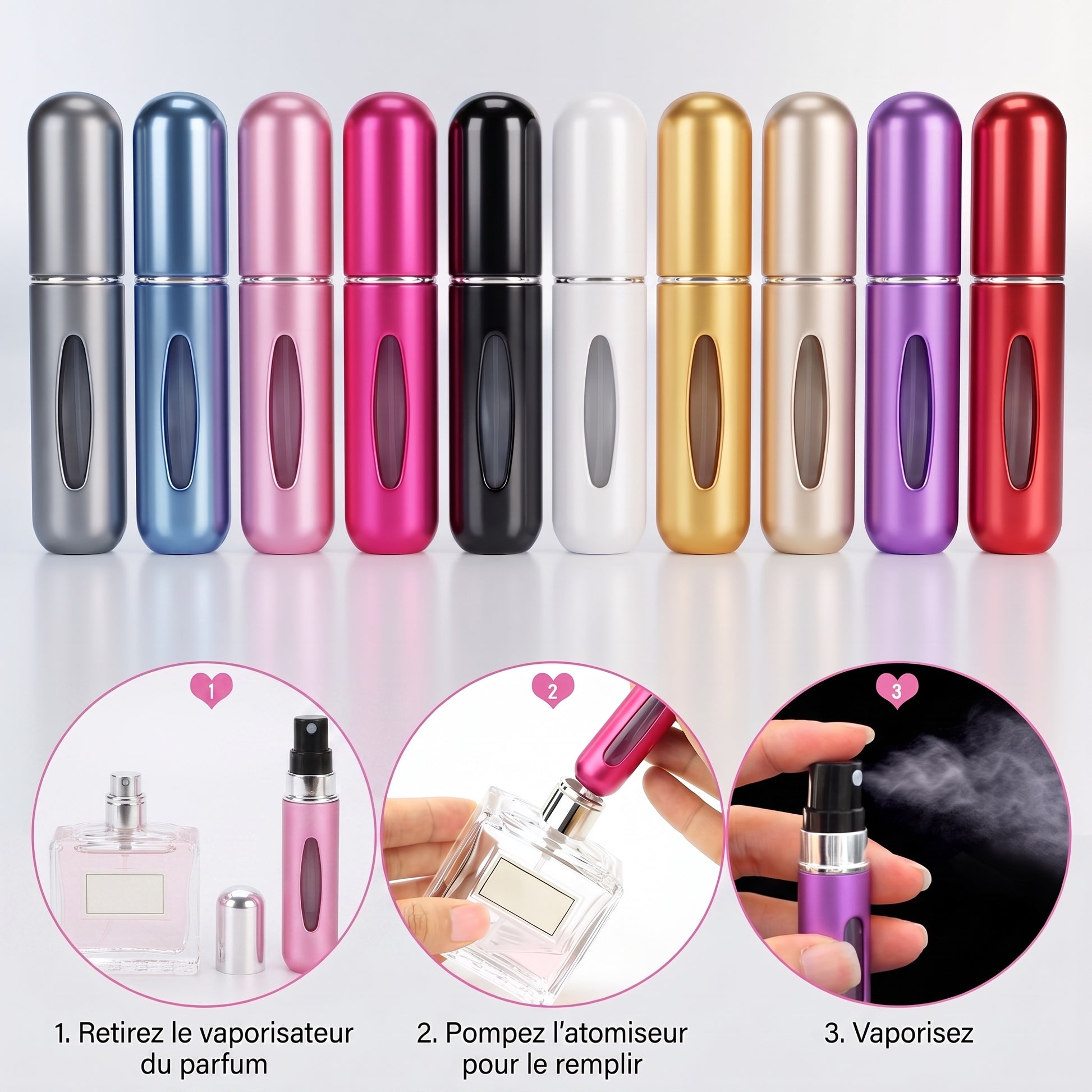 SprayMe lot de 10 atomiseurs de parfum rechargeables - 10 coloris et tutoriel de recharge en 3 etapes