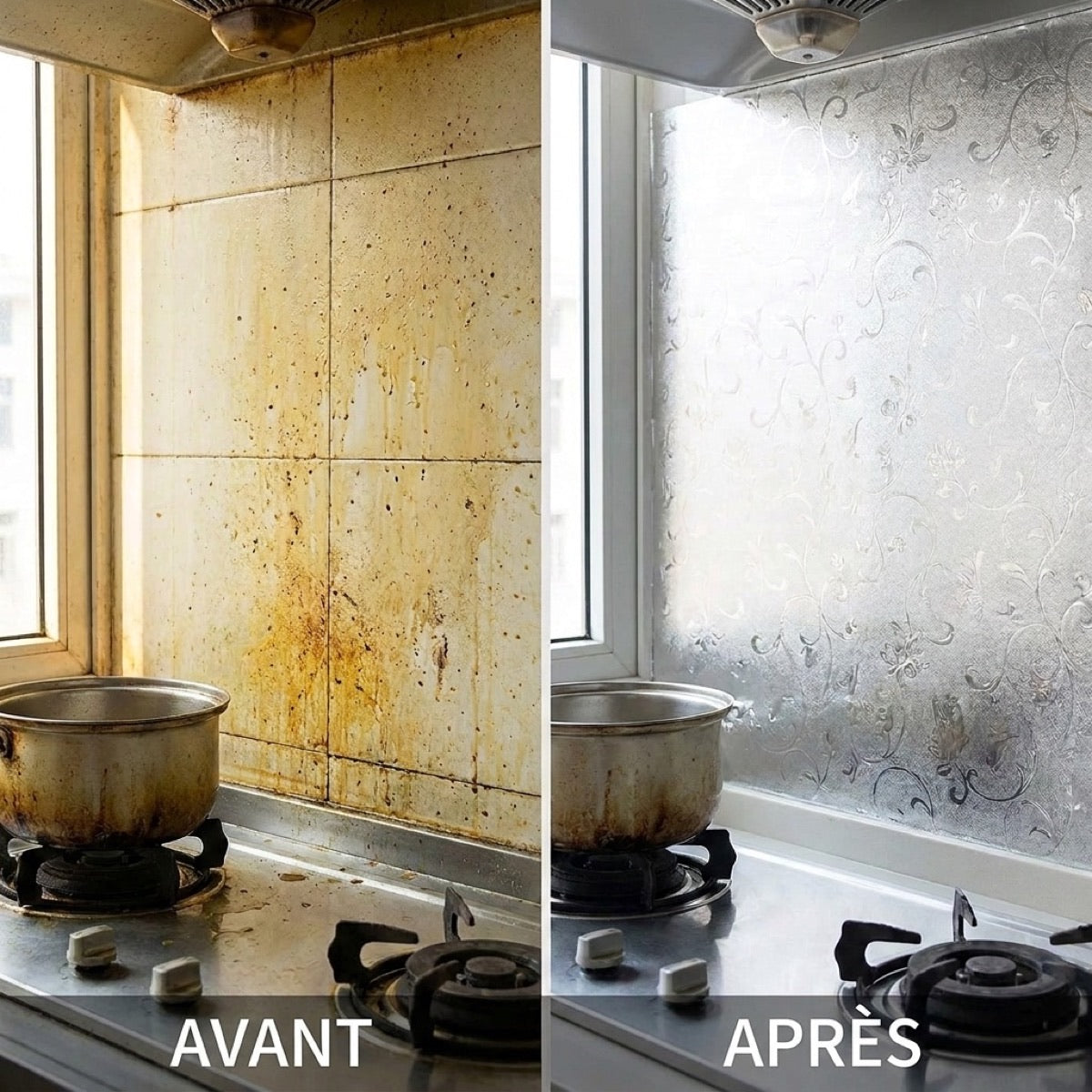 Avant/après : crédence tachée de graisse versus mur de cuisine rénové avec l'adhésif aluminium brossé
