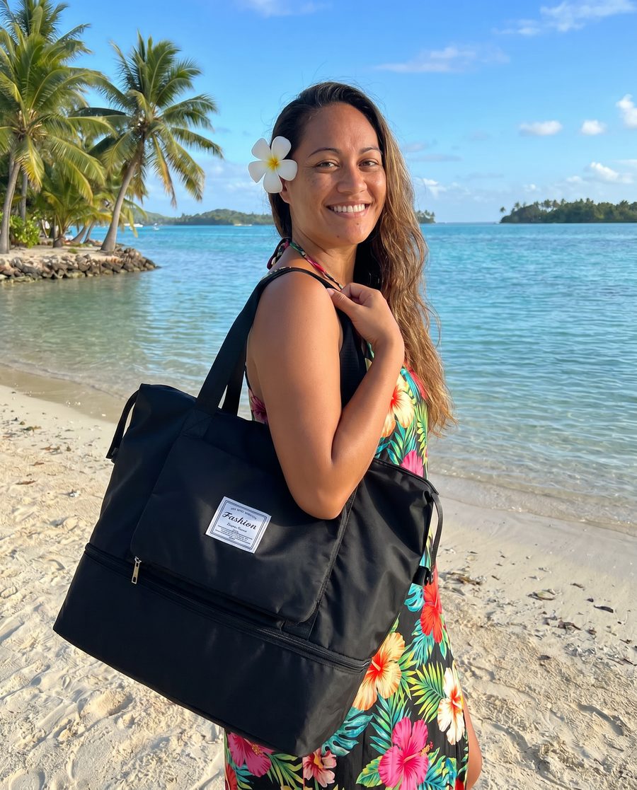 Cliente tahitienne avec son sac de voyage pliable au bord du lagon