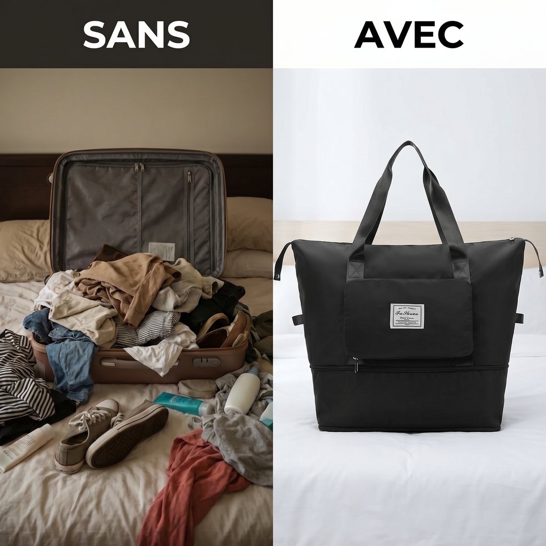 Comparatif avant/après : valise en désordre sans le sac, versus affaires bien rangées avec le sac de voyage pliable
